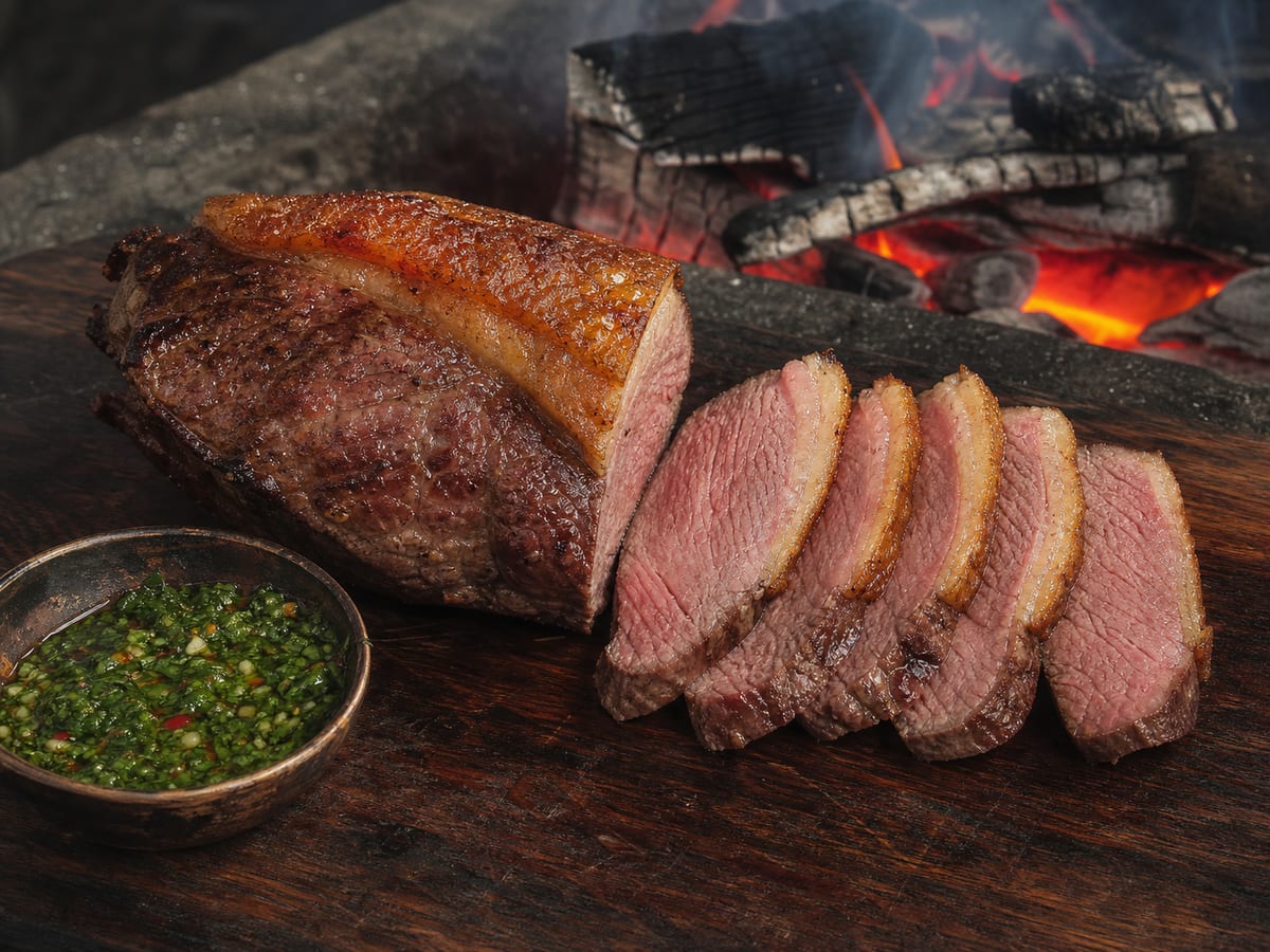 Puyazo entero asado a las brasas, rebanado sobre tabla con corte jugoso y costra dorada