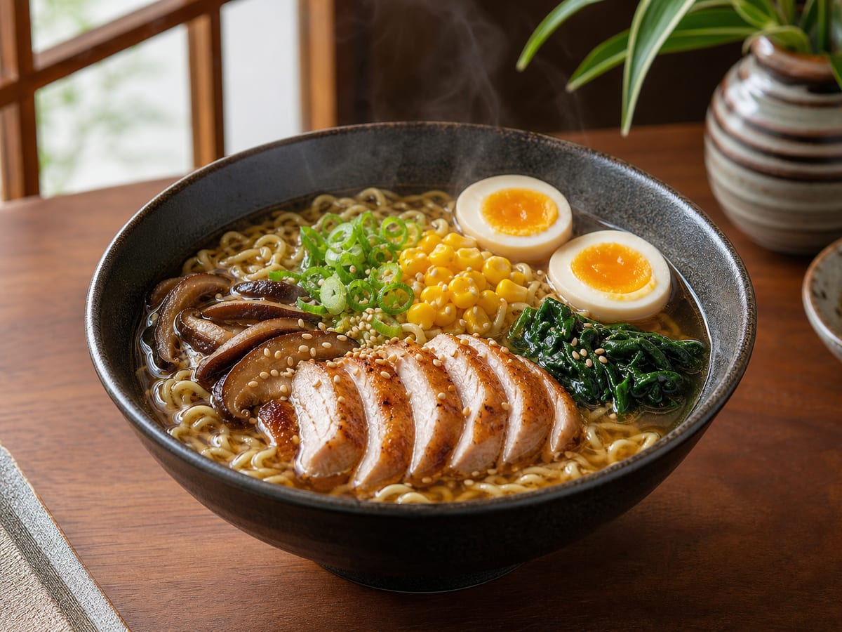 Tazón de ramen casero con pollo, huevo, fideos, hongos y cebollín