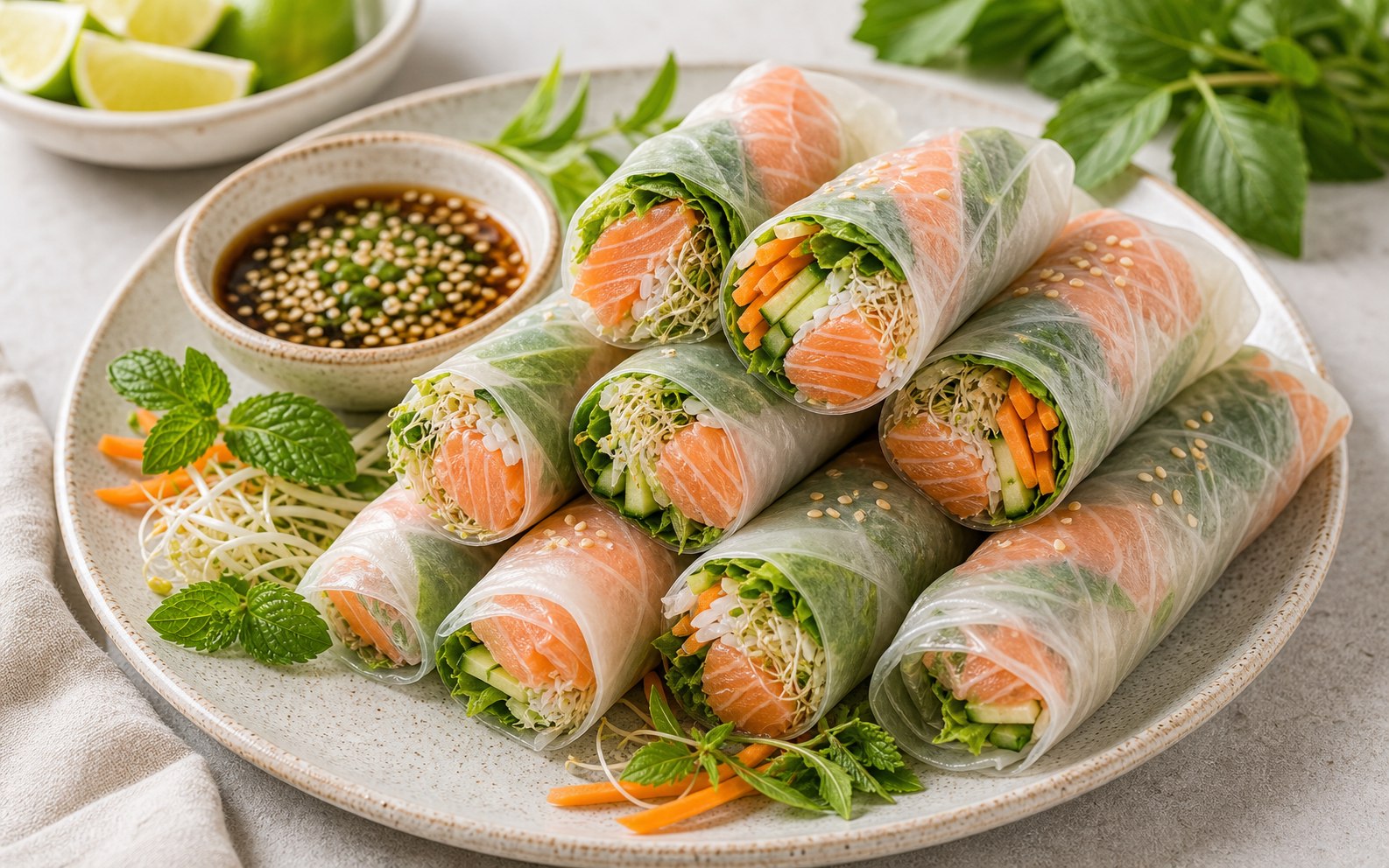 Rollitos translúcidos con vegetales y salmón visible