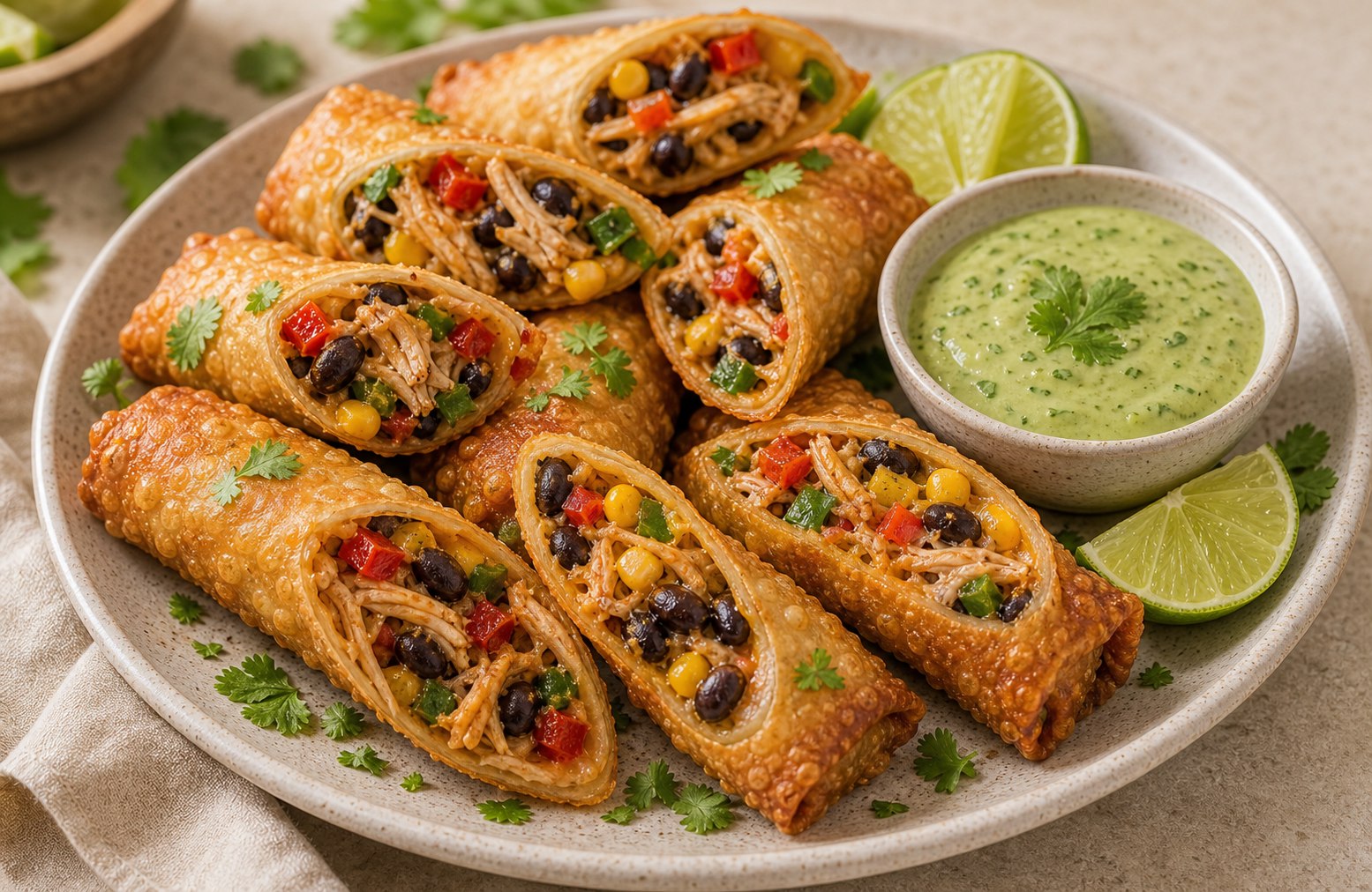 Rollitos Tex Mex con relleno colorido y salsa de aguacate