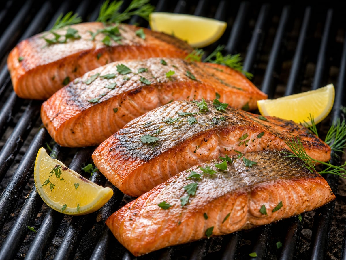 Filetes de salmón a la parrilla con limón, eneldo y piel dorada