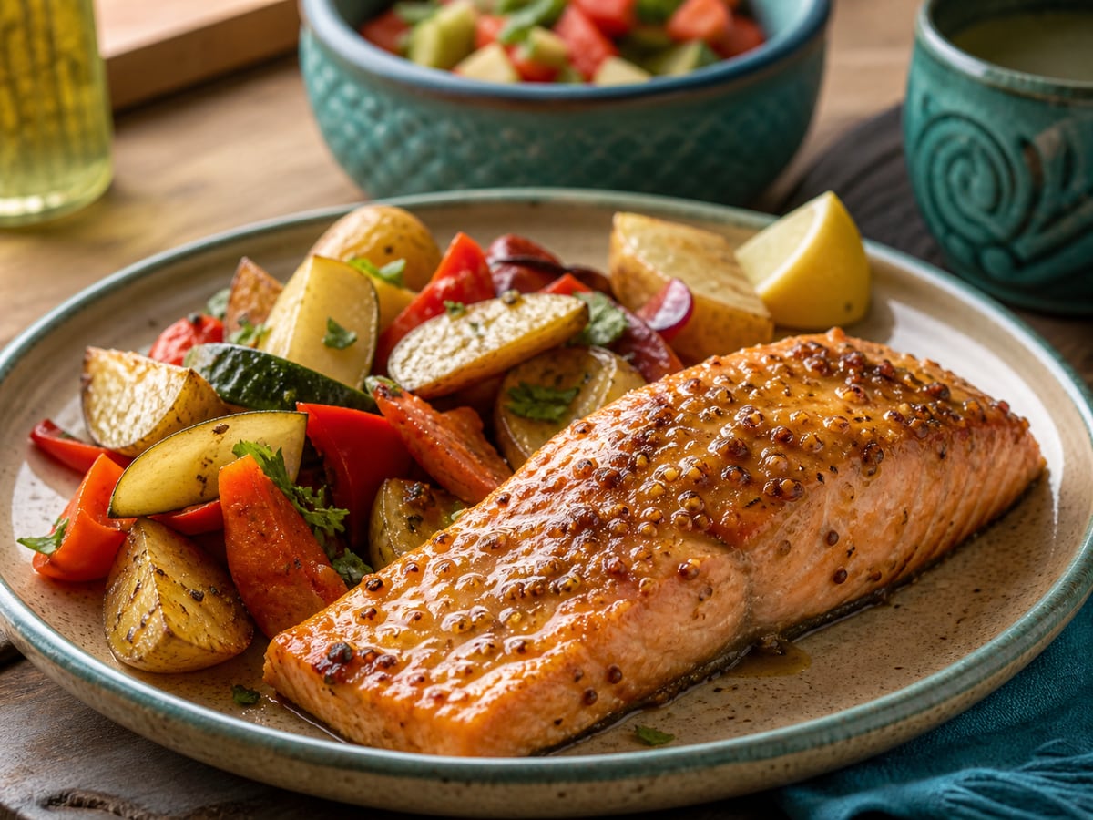 Salmón al horno con miel y mostaza servido con miel y mostaza