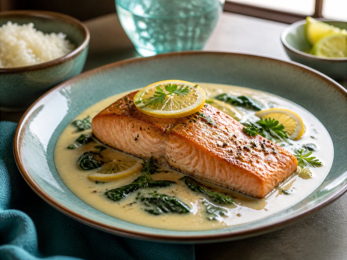 Salmón en salsa cremosa de limón servido con crema y limón