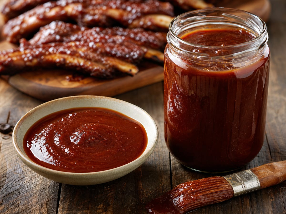 Salsa BBQ casera espesa y brillante en un frasco junto a una brocha de parrilla