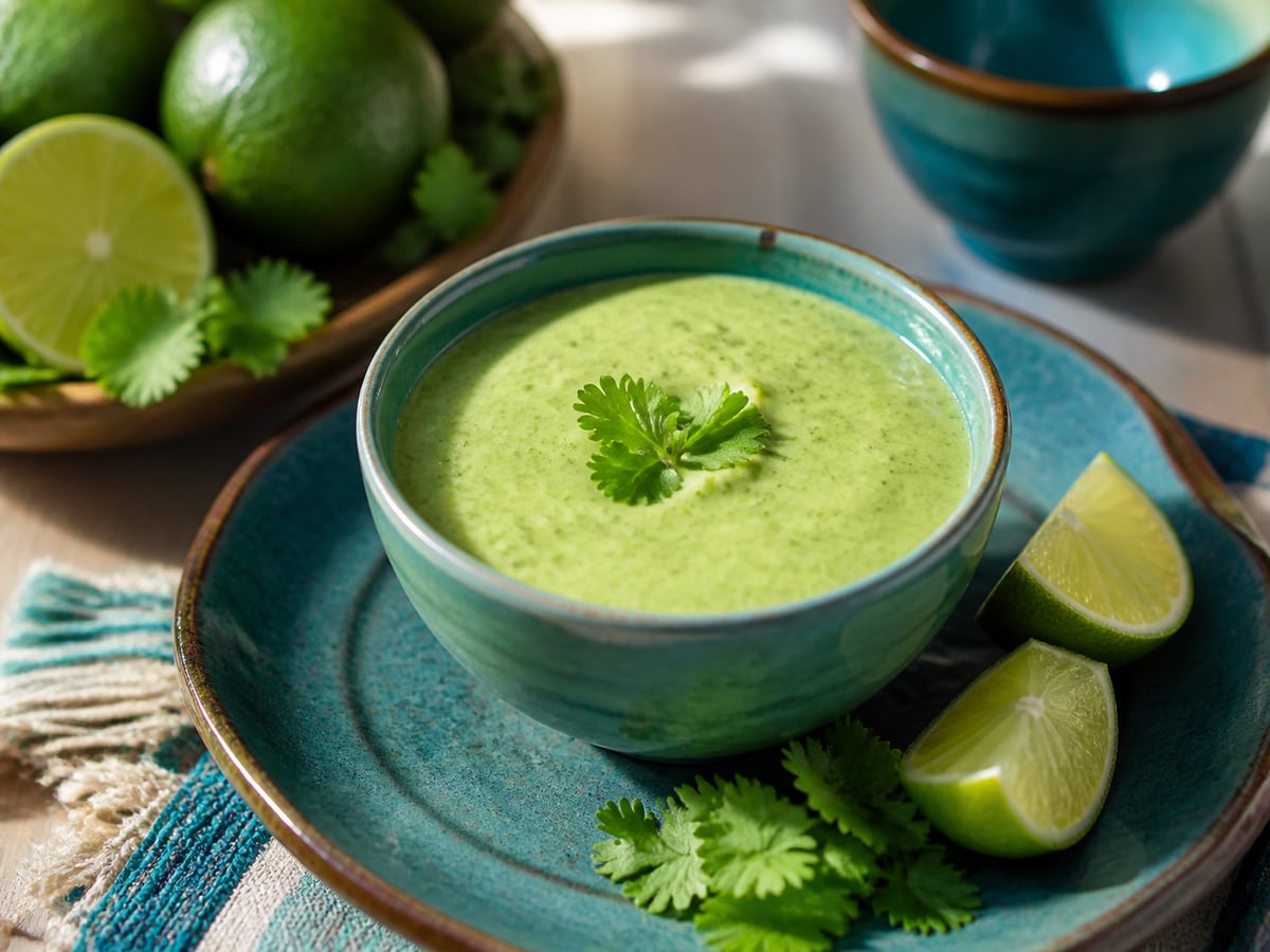 Salsa cremosa de cilantro servido con cilantro y limón
