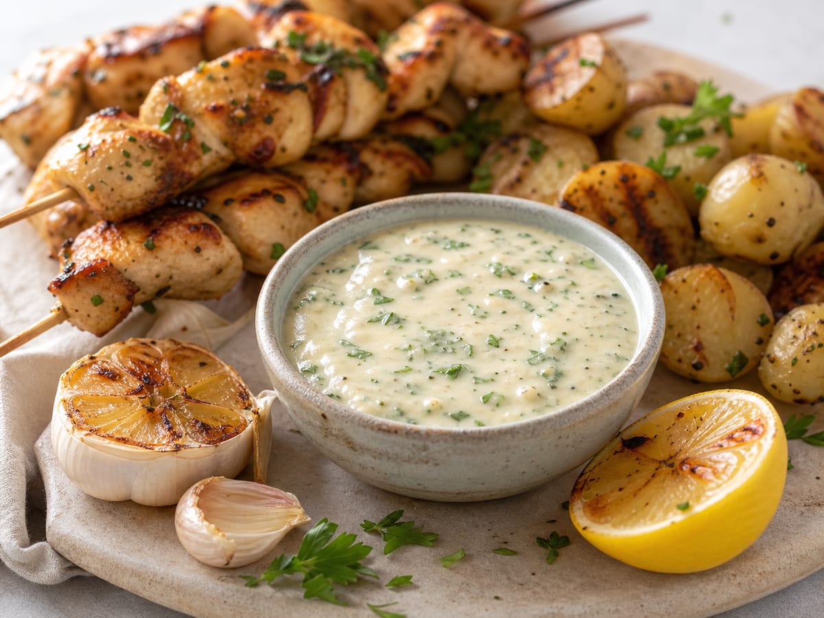 Salsa cremosa de ajo y perejil en un tazón junto a papas y vegetales asados