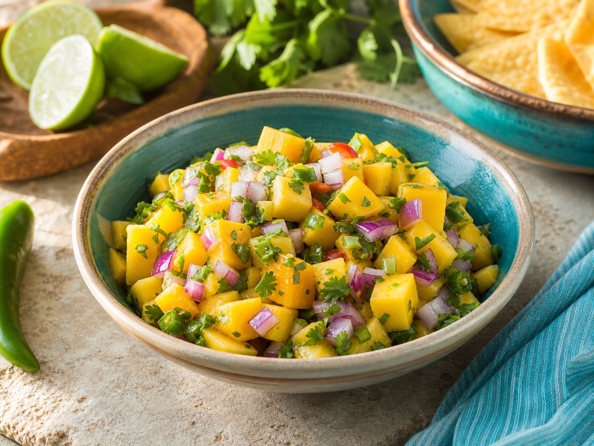 Salsa fresca de mango servido con cebolla morada y limón