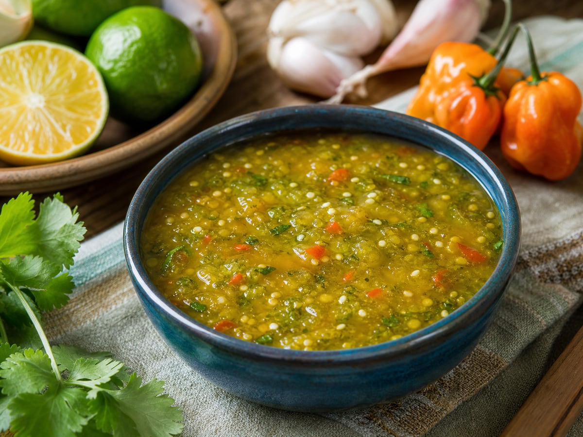 Salsa picante de limón servido con chile cobanero y ajo