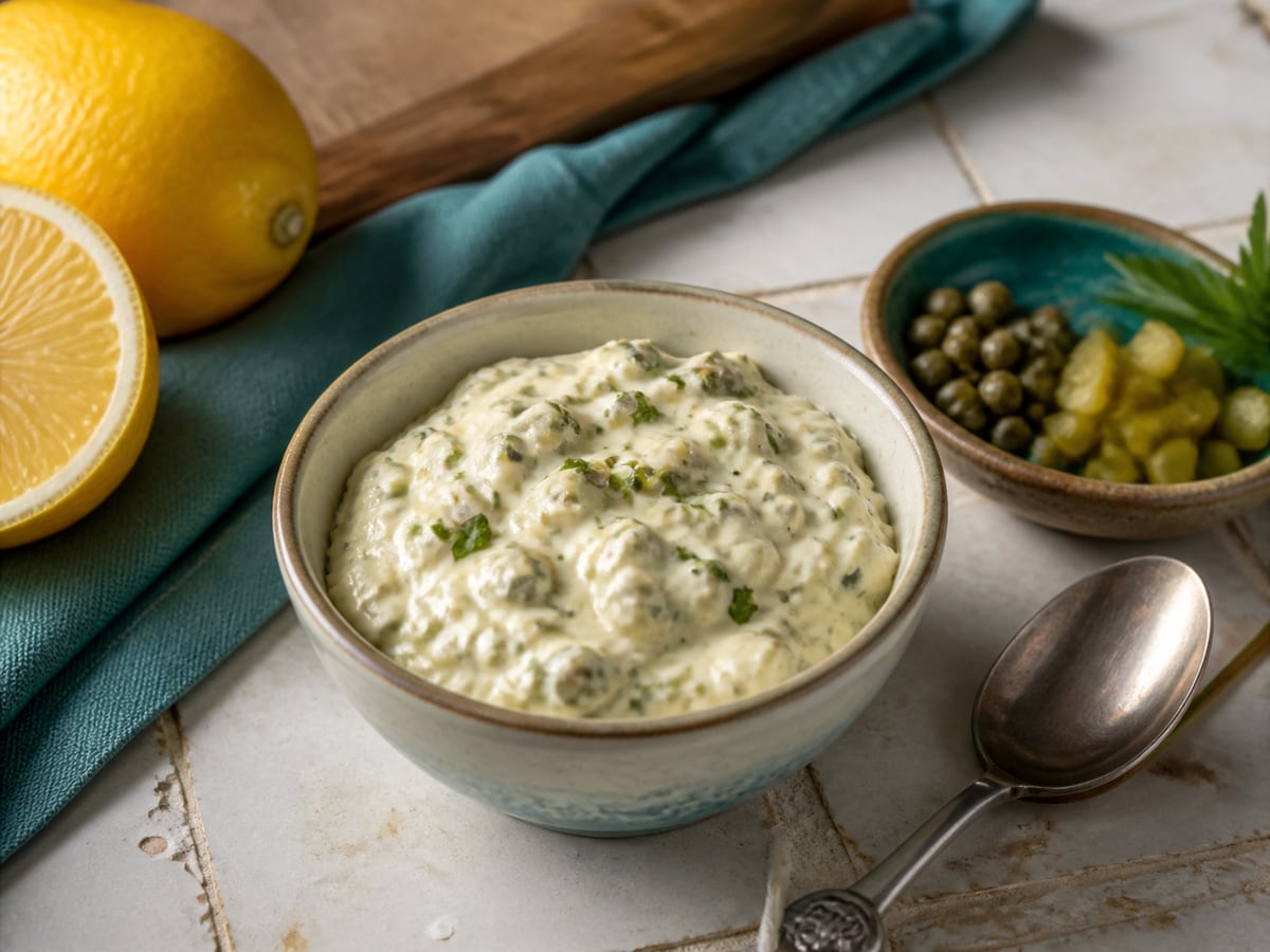 Salsa tártara casera servido con pepinillos y alcaparras