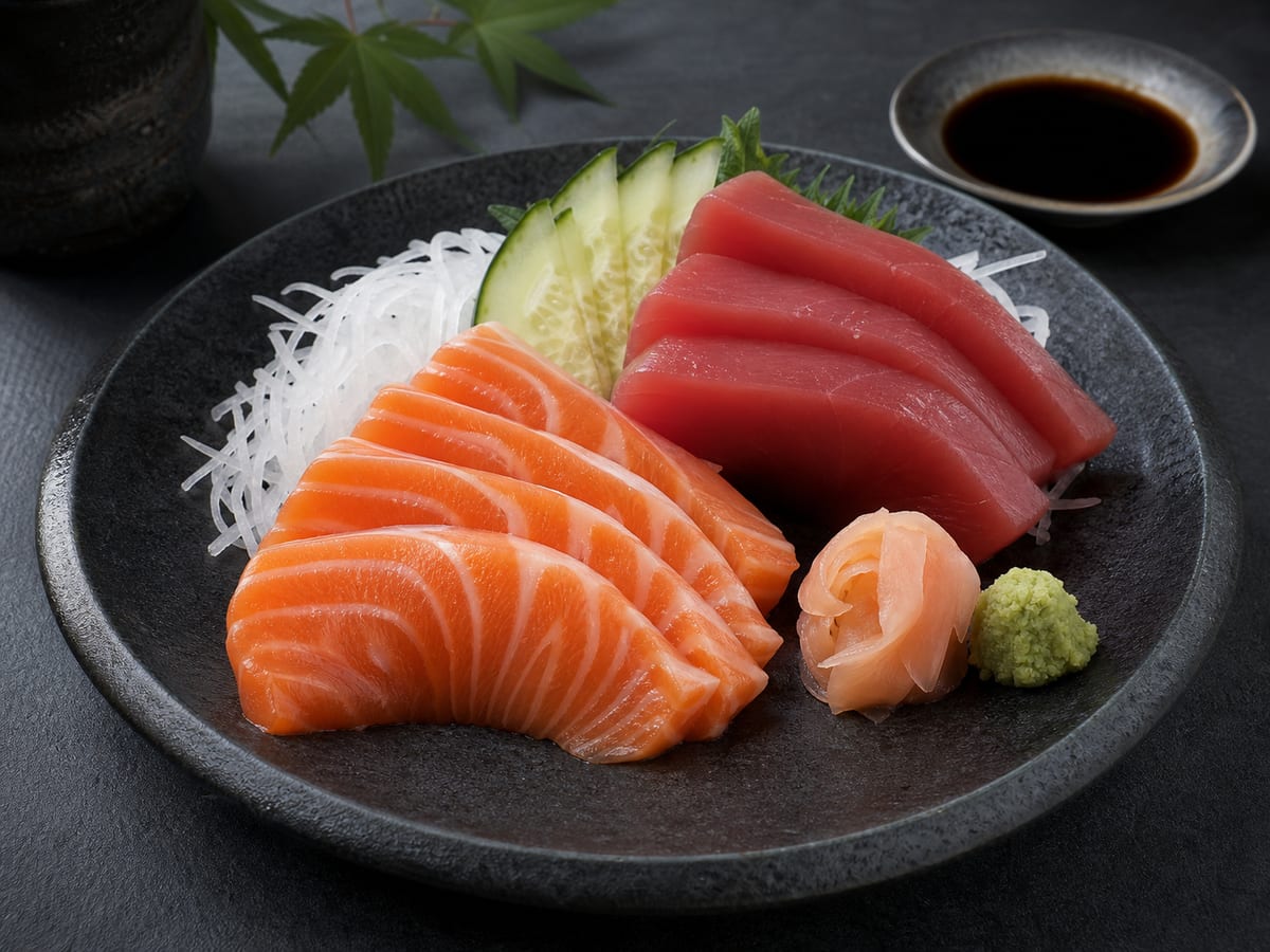 Láminas de sashimi de salmón y atún con rábano, pepino, jengibre y wasabi