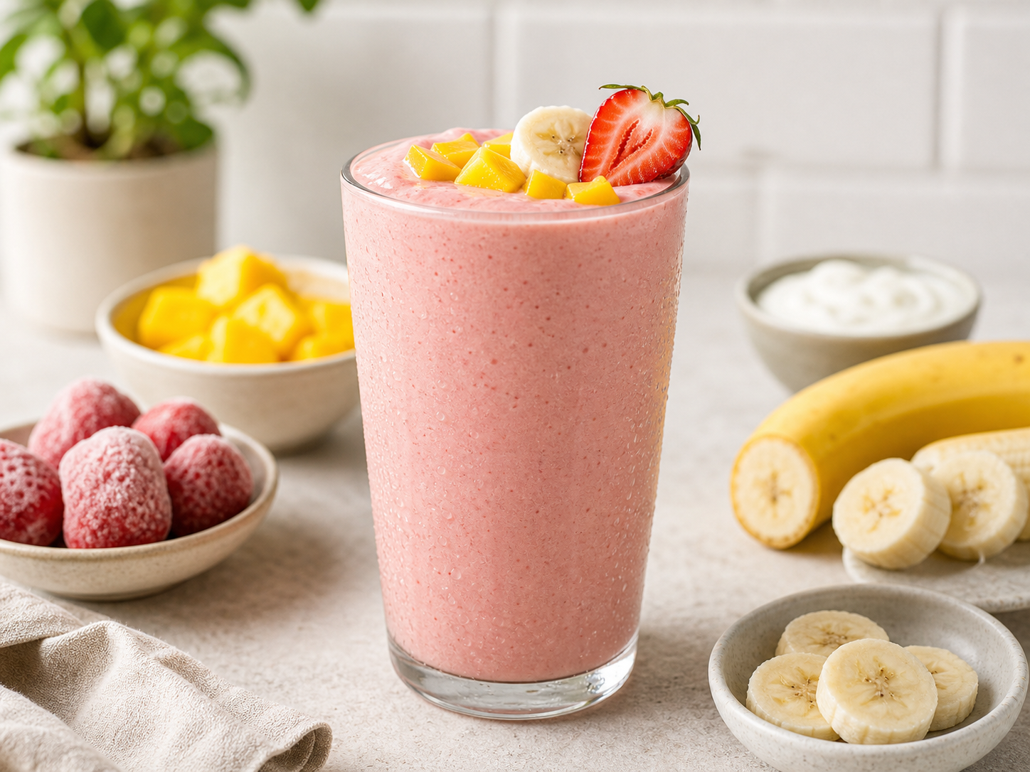 Vaso con smoothie rosa de fresa