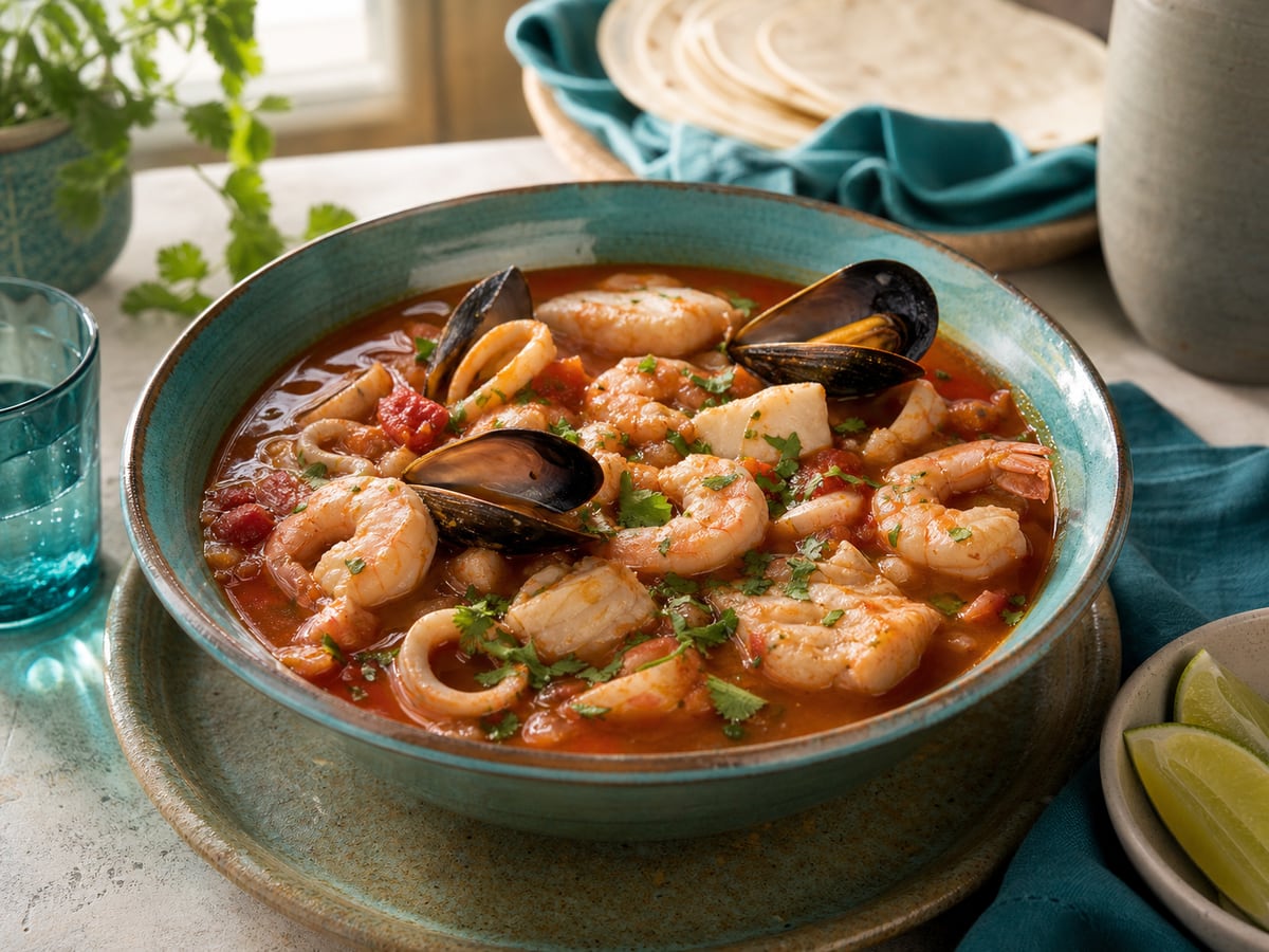 Sopa de mariscos servido con tomate y caldo de pescado