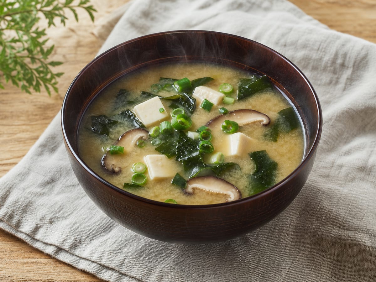 Sopa miso japonesa con cubos de tofu, wakame, hongos y cebollín