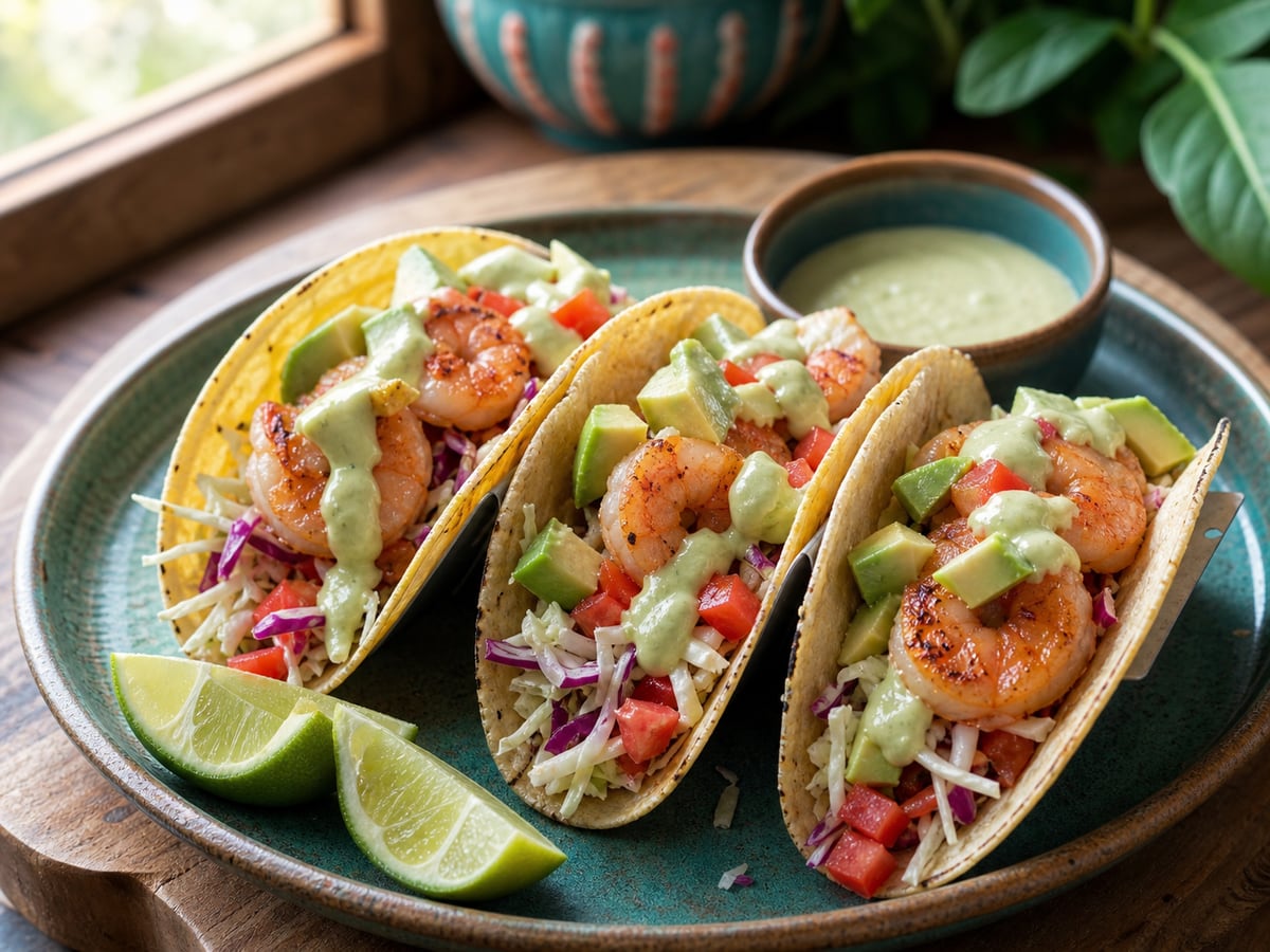 Tacos de camarón servido con tortillas de maíz y repollo