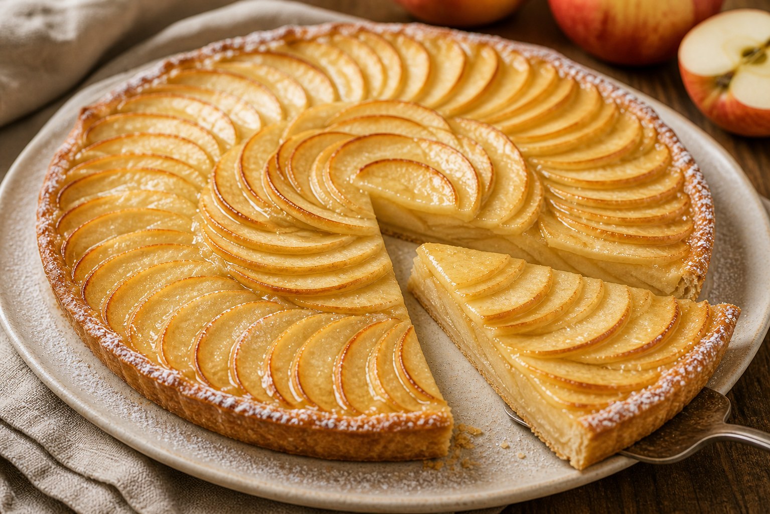 Tarta delgada con rebanadas de manzana en círculo