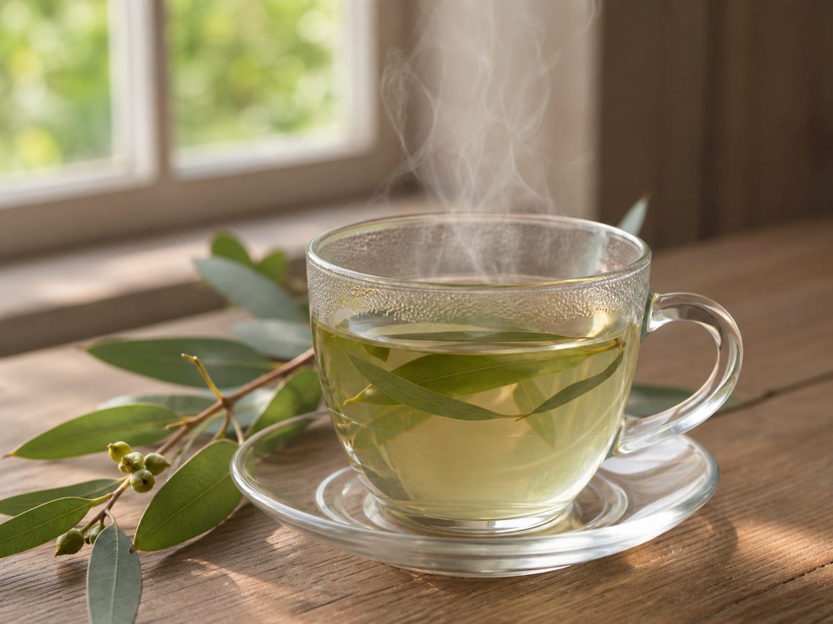 Taza humeante de té de eucalipto con hojas frescas