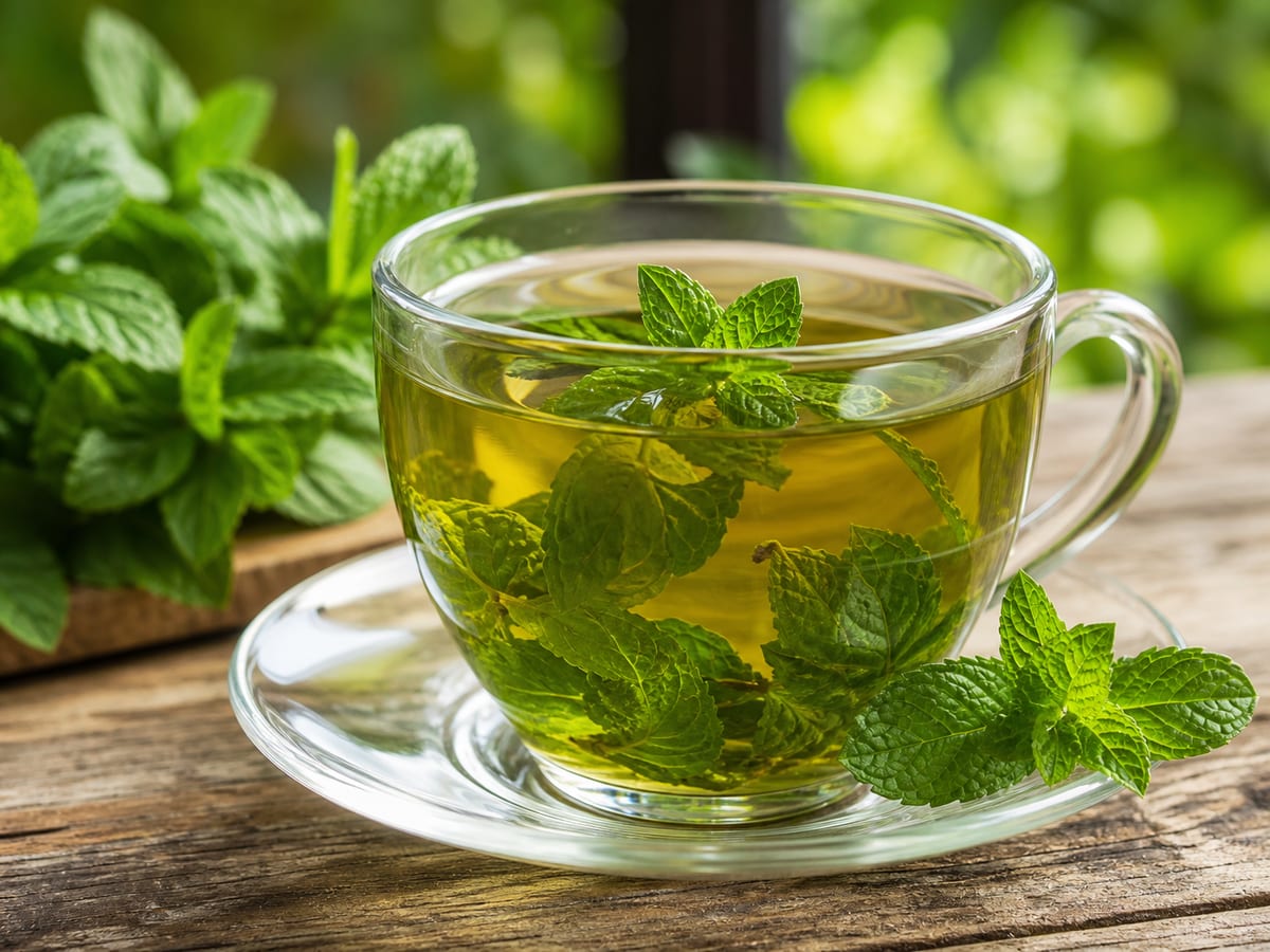 Taza de té de hierbabuena y menta fresca