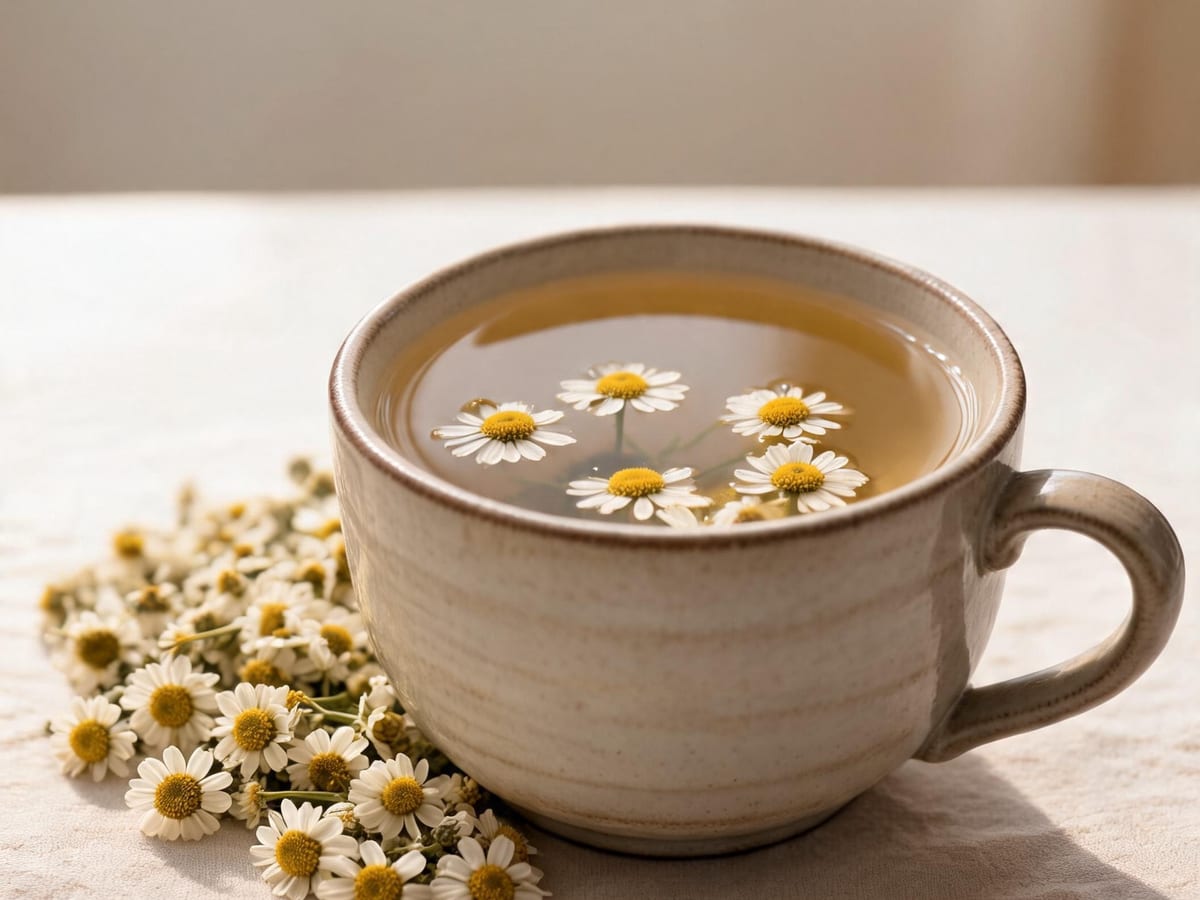 Taza de té de manzanilla con flores flotando y un manojo de manzanilla al lado