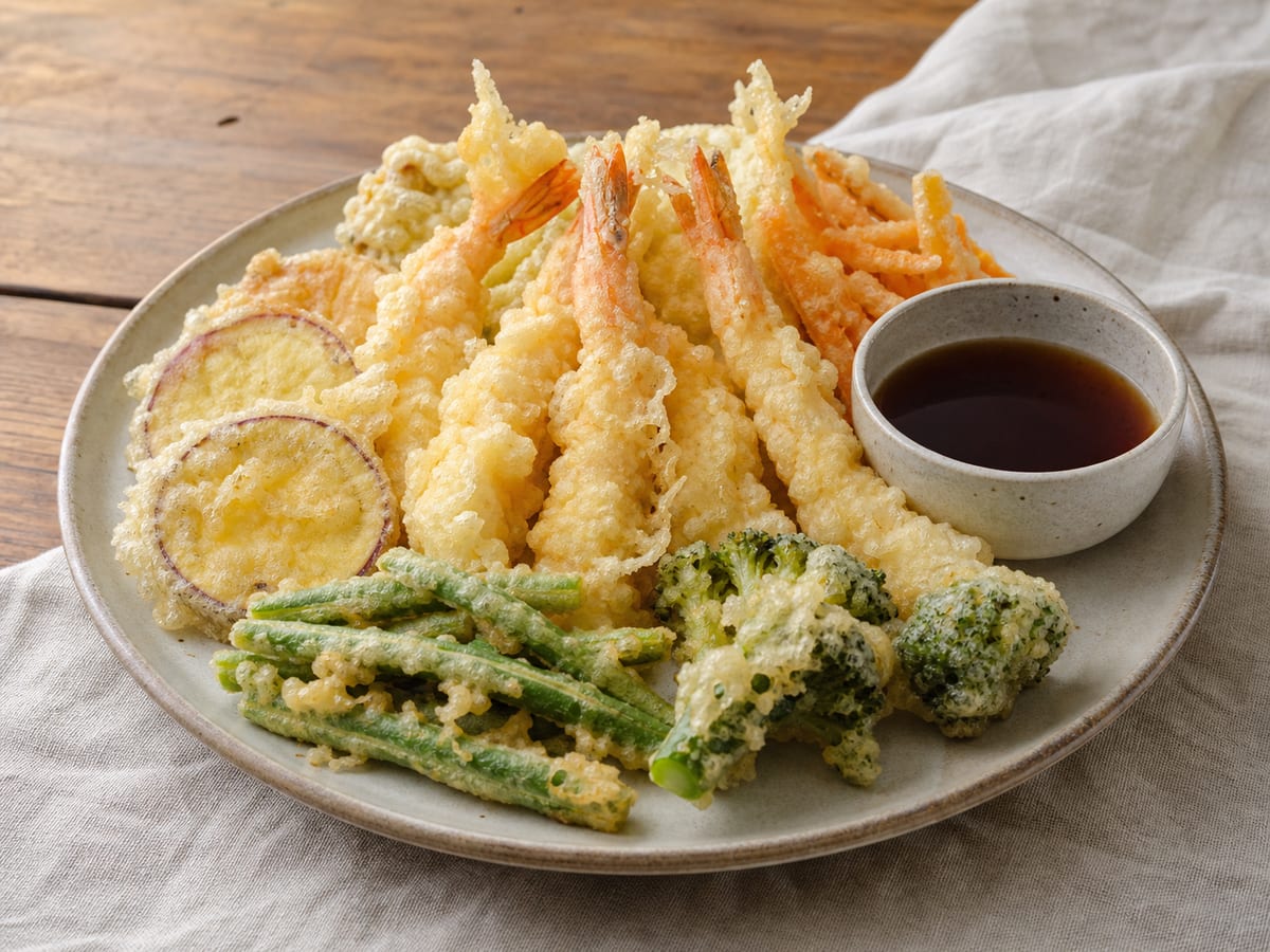 Tempura crujiente de camarón, camote, brócoli y ejotes con salsa tentsuyu