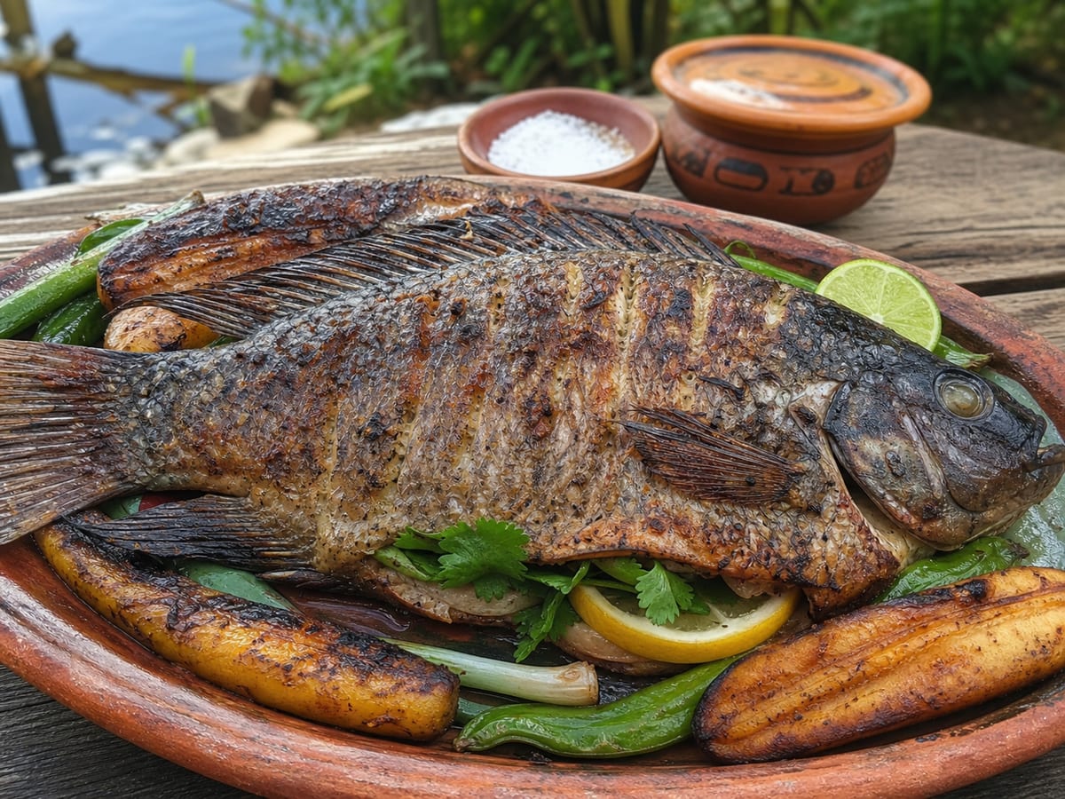 Tilapia entera asada al carbón con limón, cilantro y piel dorada
