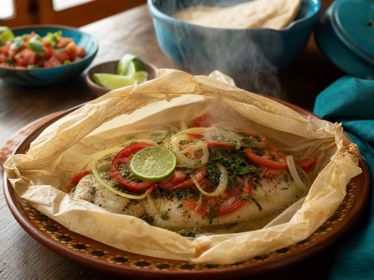 Tilapia empapelada servido con tomate y cebolla