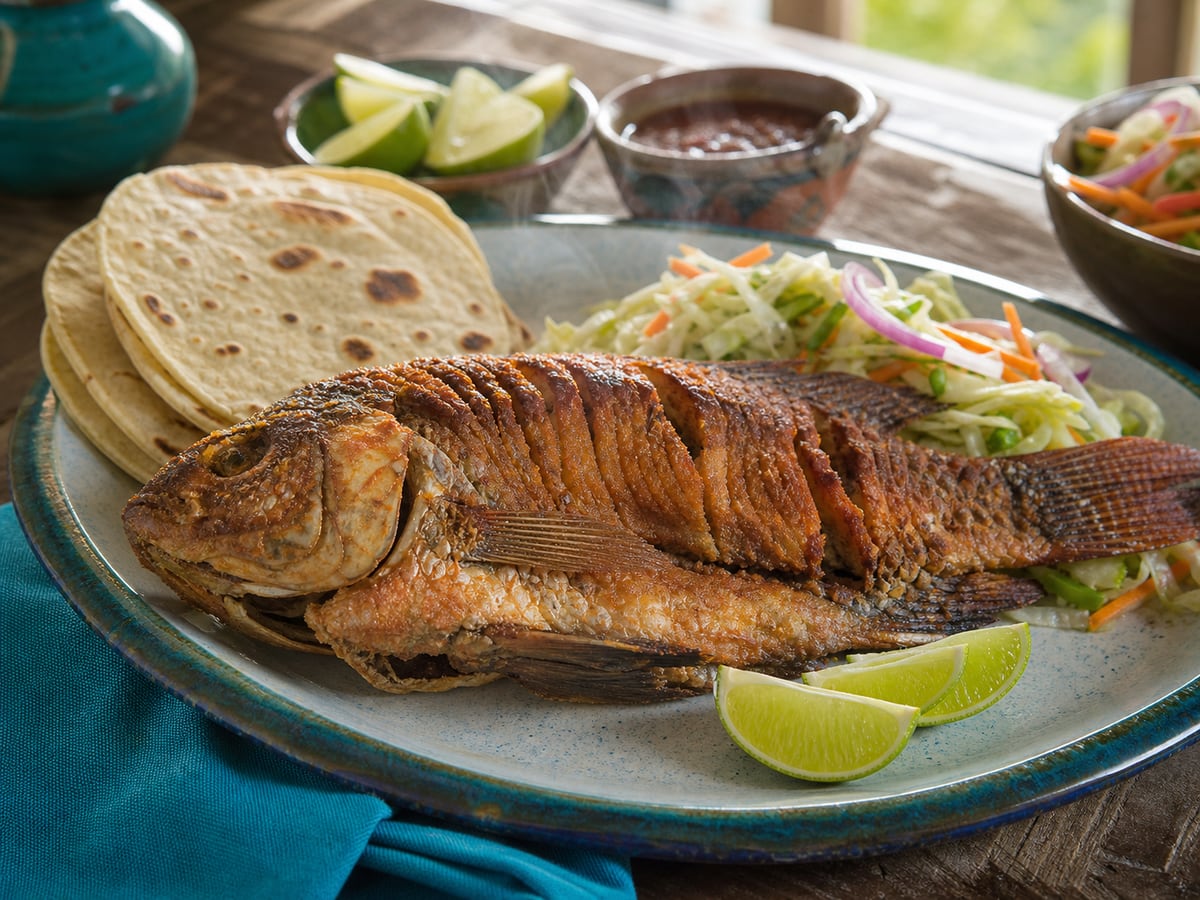 Tilapia frita casera servido con harina de maíz y limón