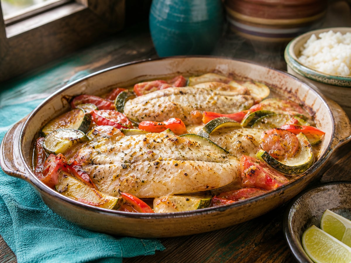 Tilapia al horno con vegetales servido con zucchini y pimiento