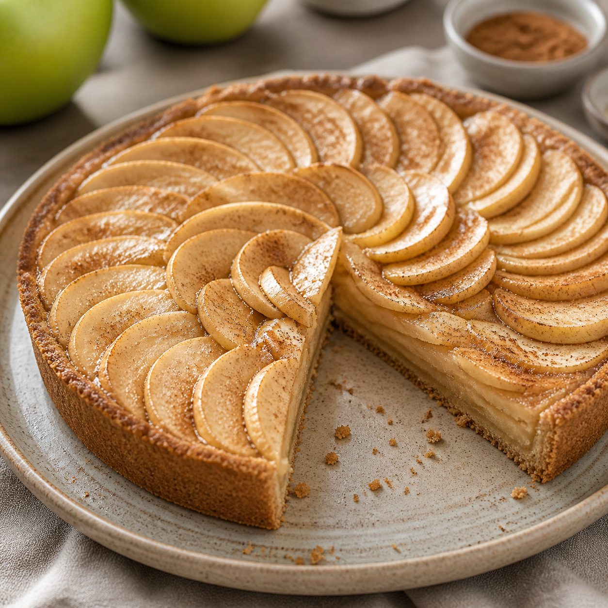 Tarta de manzana con canela espolvoreada encima
