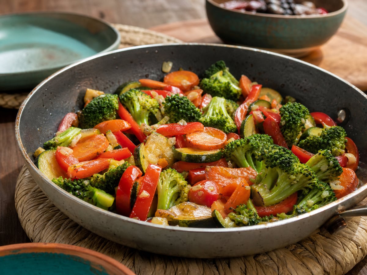 Vegetales salteados servido con ajo y aceite
