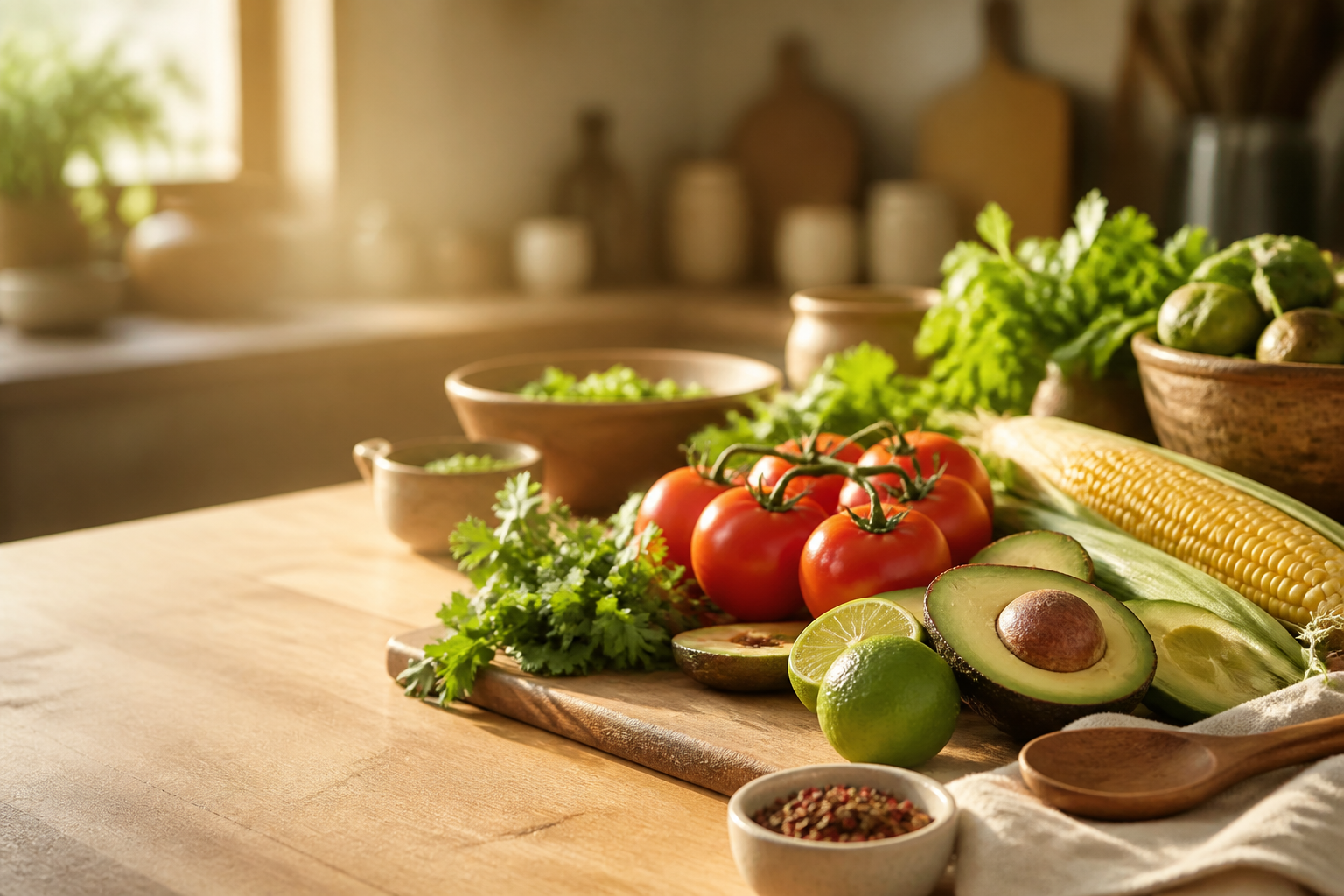 Ingredientes frescos de mercado sobre una mesa de cocina